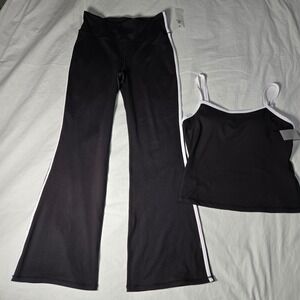 Mono B Black White Stripe Cami Shelf Bra Top and Flare Leggings Set Large NWT